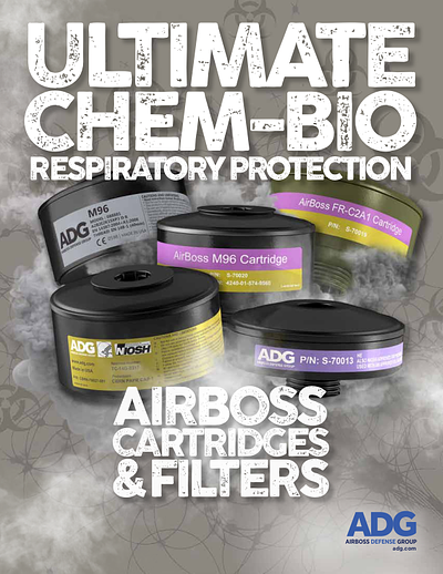 Catalog cover for ADG Airboss cartridges and filters with text 'Ultimate Chem-Bio Respiratory Protection'.