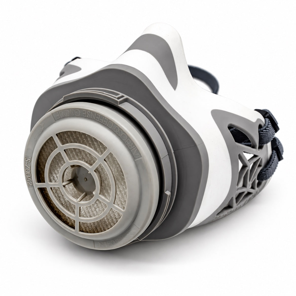 Close-up of the filter on an AirBoss 100 respirator with the outer cover removed