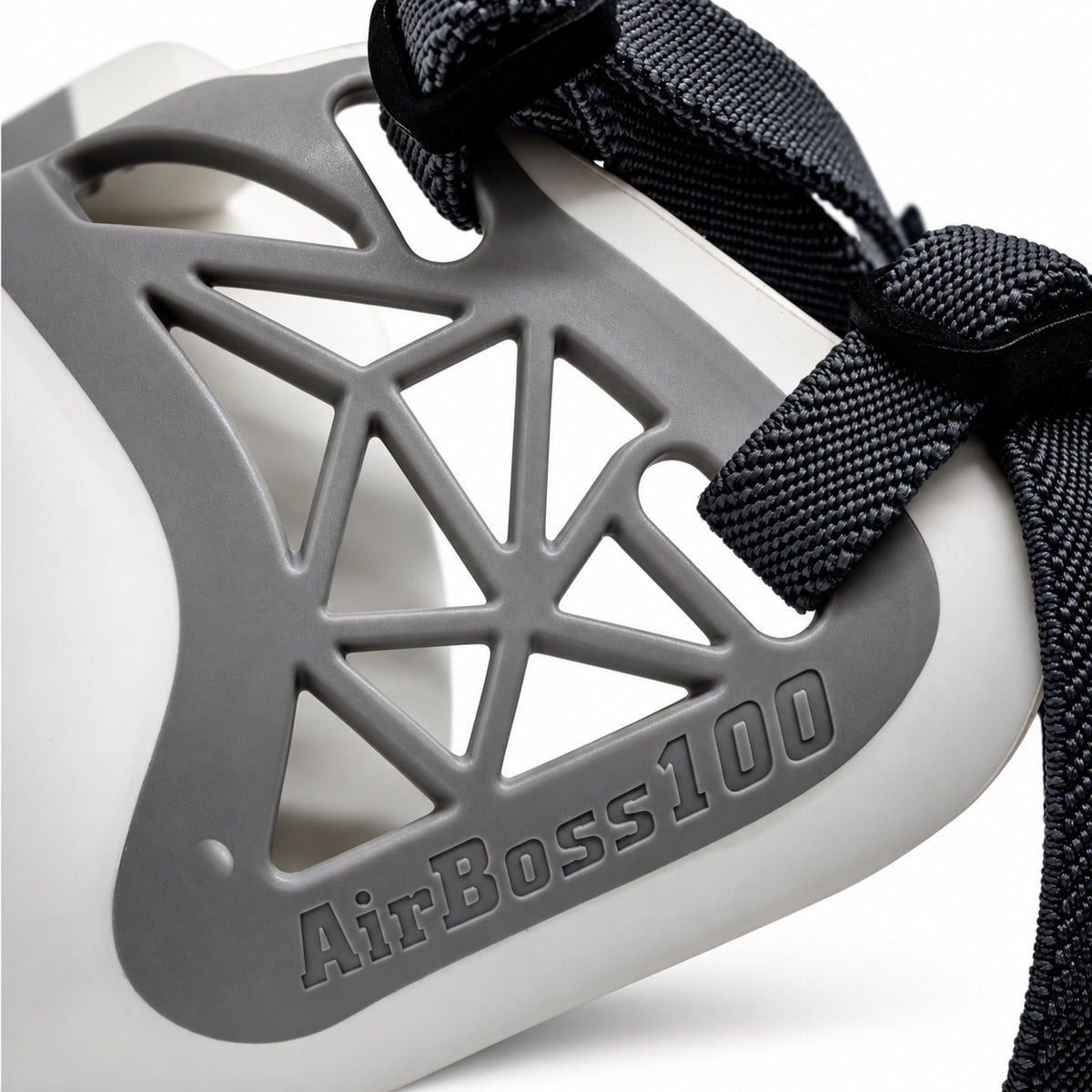Close-up of the strap attachment on an AirBoss 100 respirator