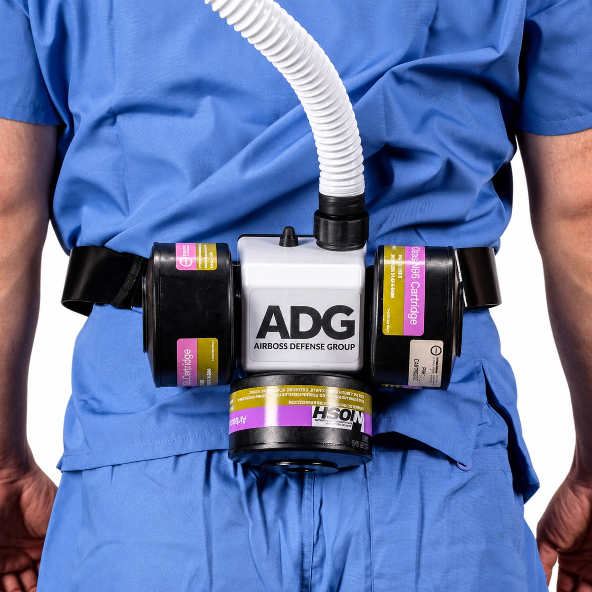 AirBoss FlexAir PAPR blower and filters worn on a waist belt
