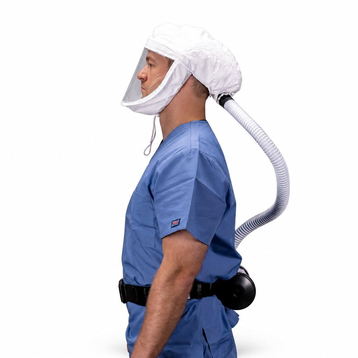 Side view of a person wearing the AirBoss FlexAir PAPR hood and breathing hose