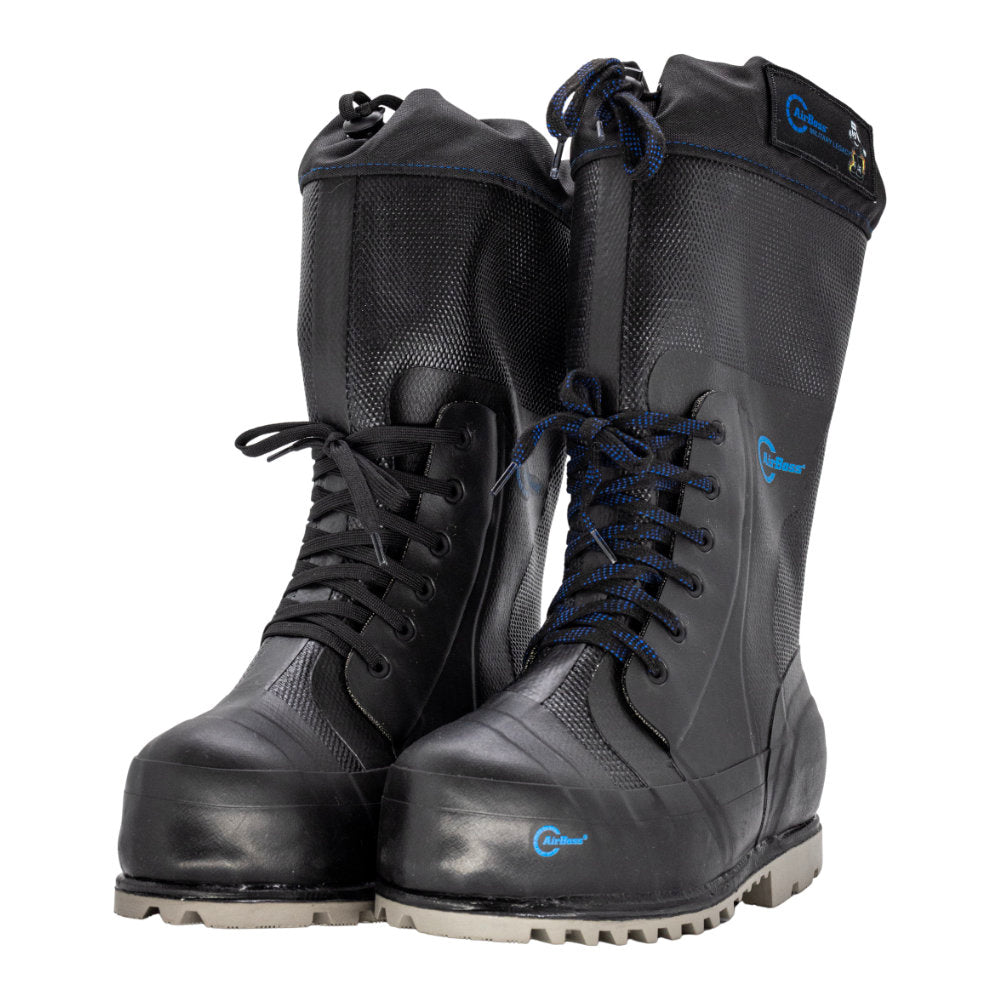 Black cold weather boots with blue laces and branding on a white background