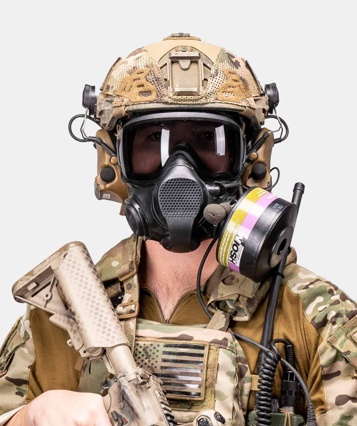 Person in full military gear with helmet, gas mask, and rifle on a white background