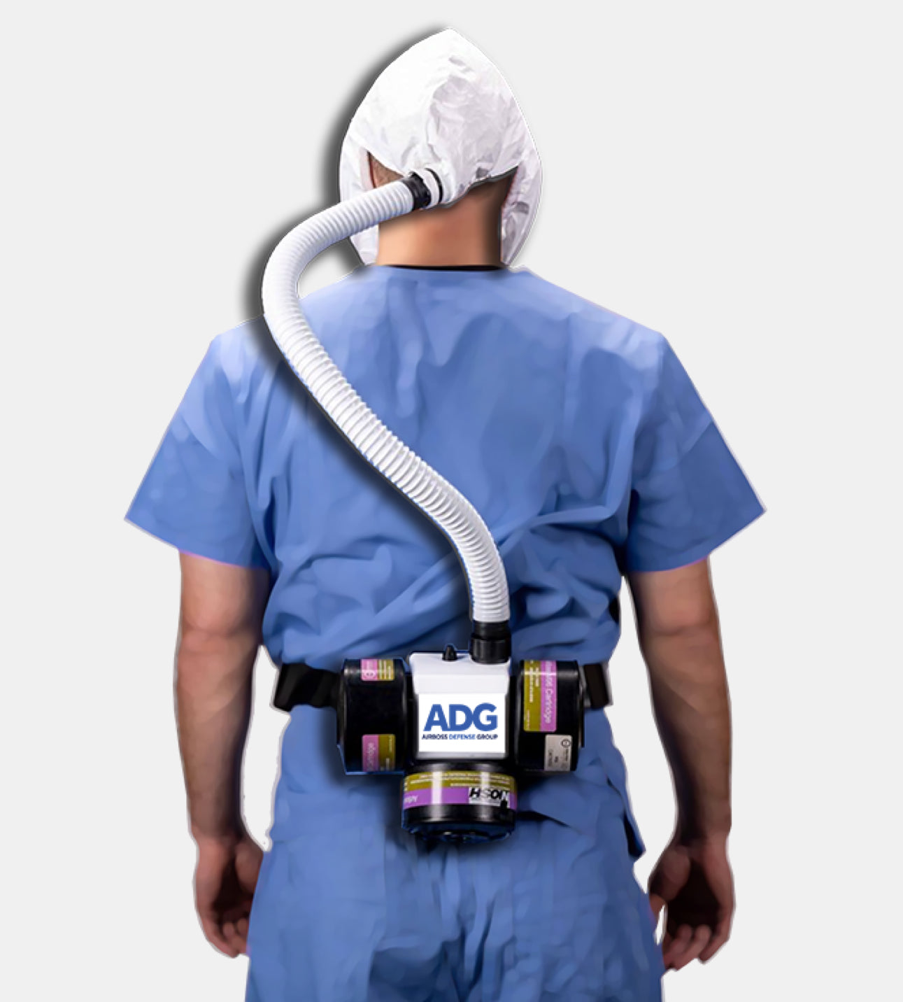 Person wearing blue scrubs with a flexair papr apparatus on a white background