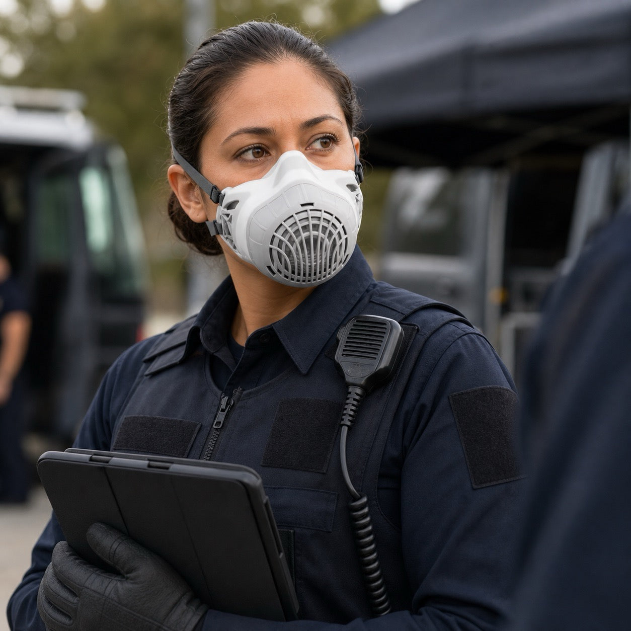 A woman in a dark navy tactical uniform wearing a white AirBoss 100 respirator mask and black gloves, holding a tablet in an outdoor setting.