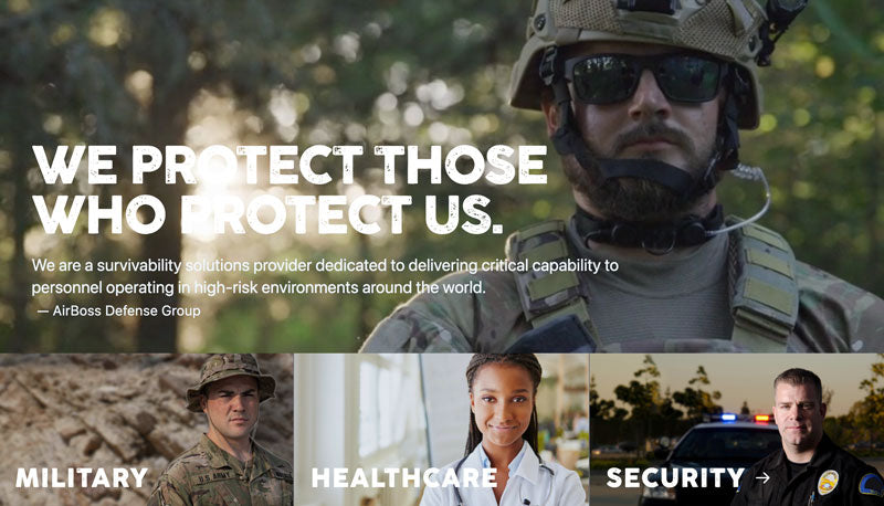 Promotional image with a soldier, text 'We protect those who protect us', and images of military, healthcare, and security personnel.