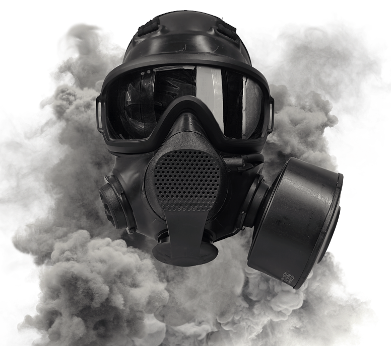 Black AirBoss LBM gas mask in a cloud of smoke