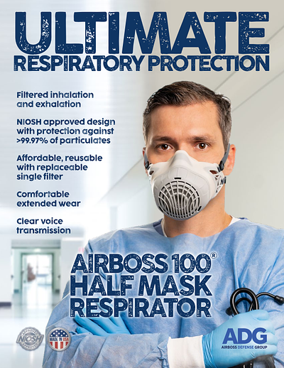 Catalog cover image featuring a person wearing an AirBoss 100 half mask respirator with product features listed.