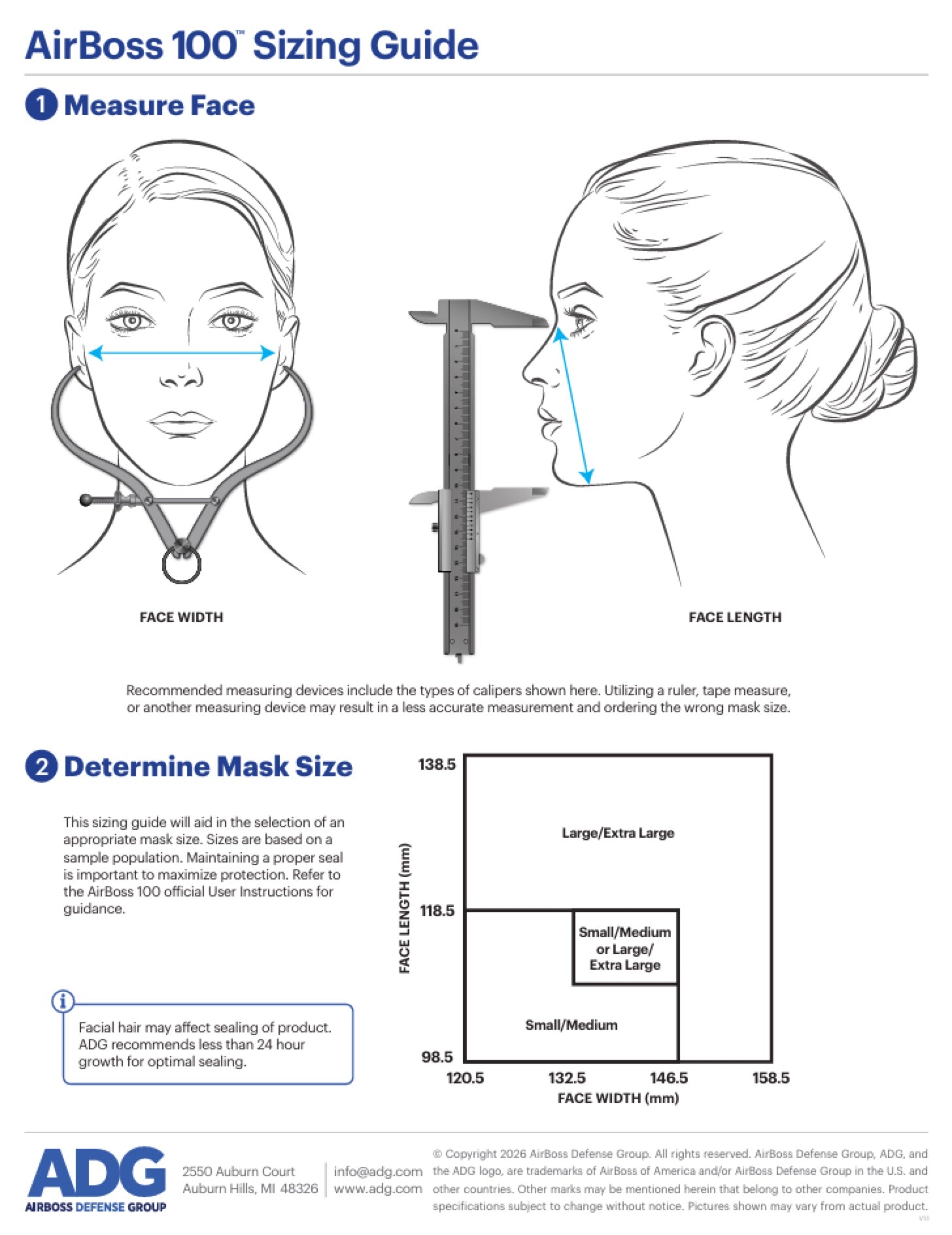 AirBoss 100 sizing guide for face measurement and mask size determination.