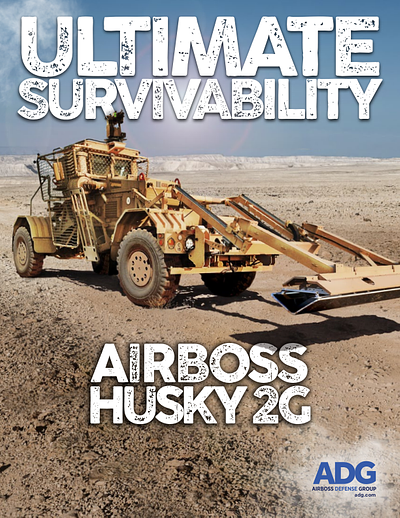 Husky Military vehicle with 'Ultimate Survivability' text and 'Airboss Husky 2G' branding on a desert background.