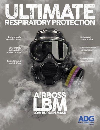 Catalog cover for AirBoss LBM low burden mask with smoke effect and ADG branding