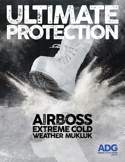 Catalog cover for Airboss Extreme Cold Weather Mukluk with a boot kicking up snow, featuring the text 'Ultimate Protection' and 'ADG'.