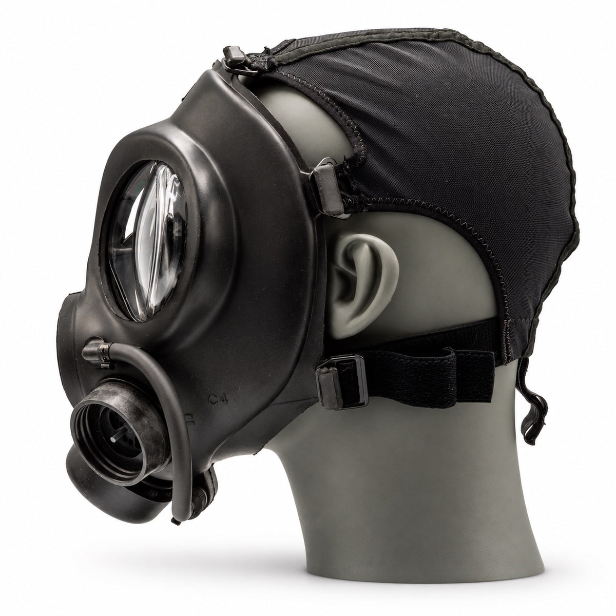 Side view of an AirBoss C4 CBRN respirator with head harness