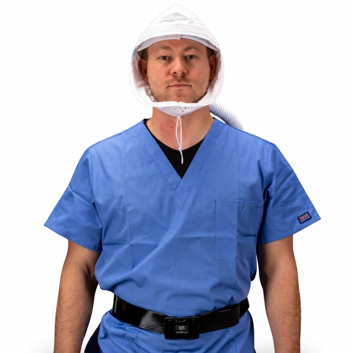 Front view of a person wearing the white AirBoss FlexAir PAPR hood