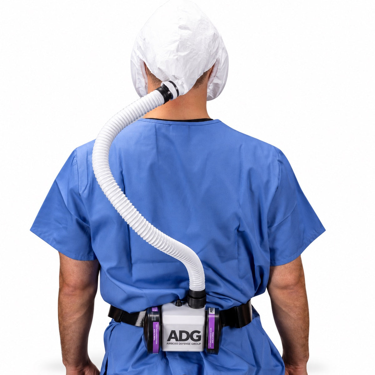 Rear view of a person wearing the AirBoss FlexAir PAPR, showing the hood, hose and belt-mounted blower