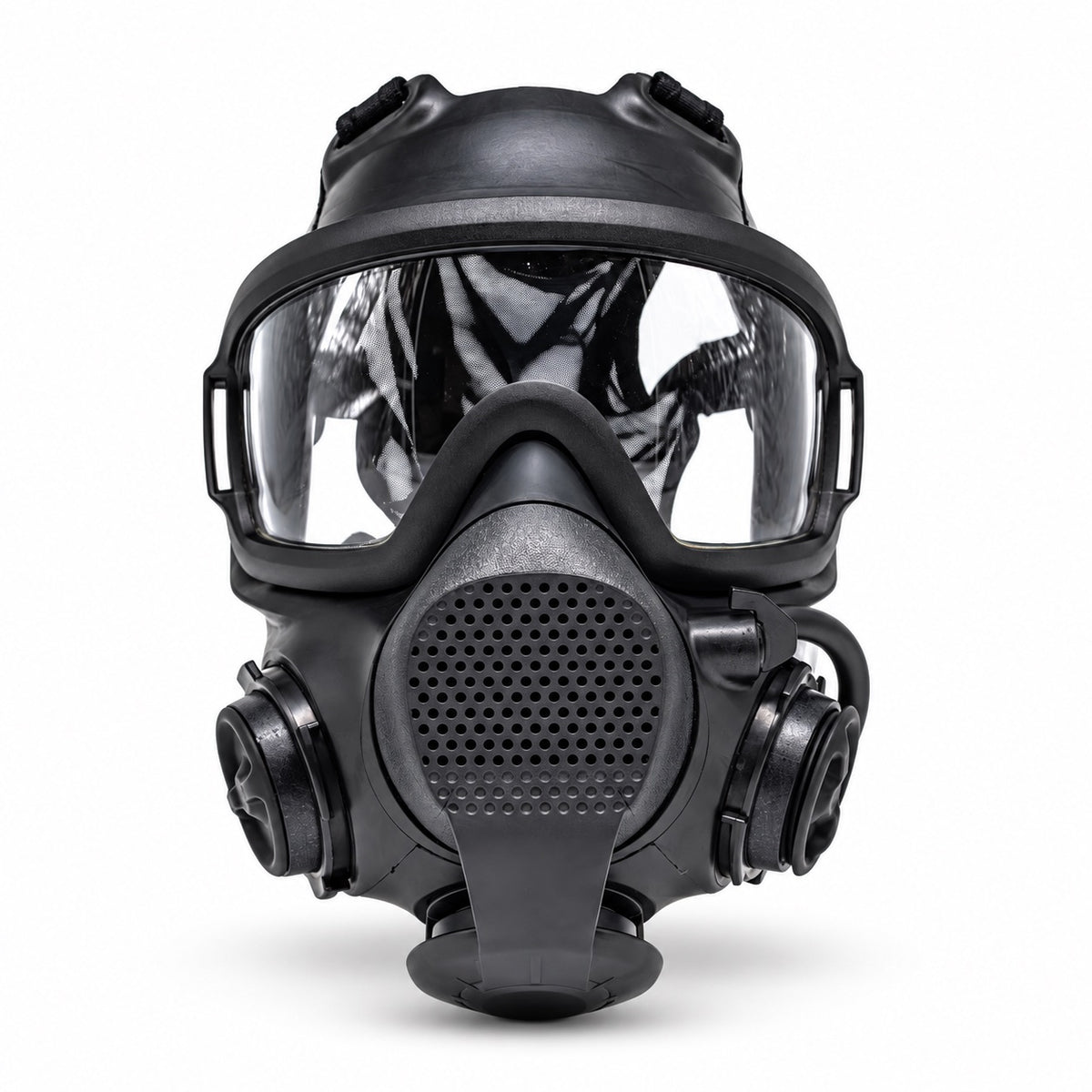 Front view of an AirBoss LBM respirator with no filters attached