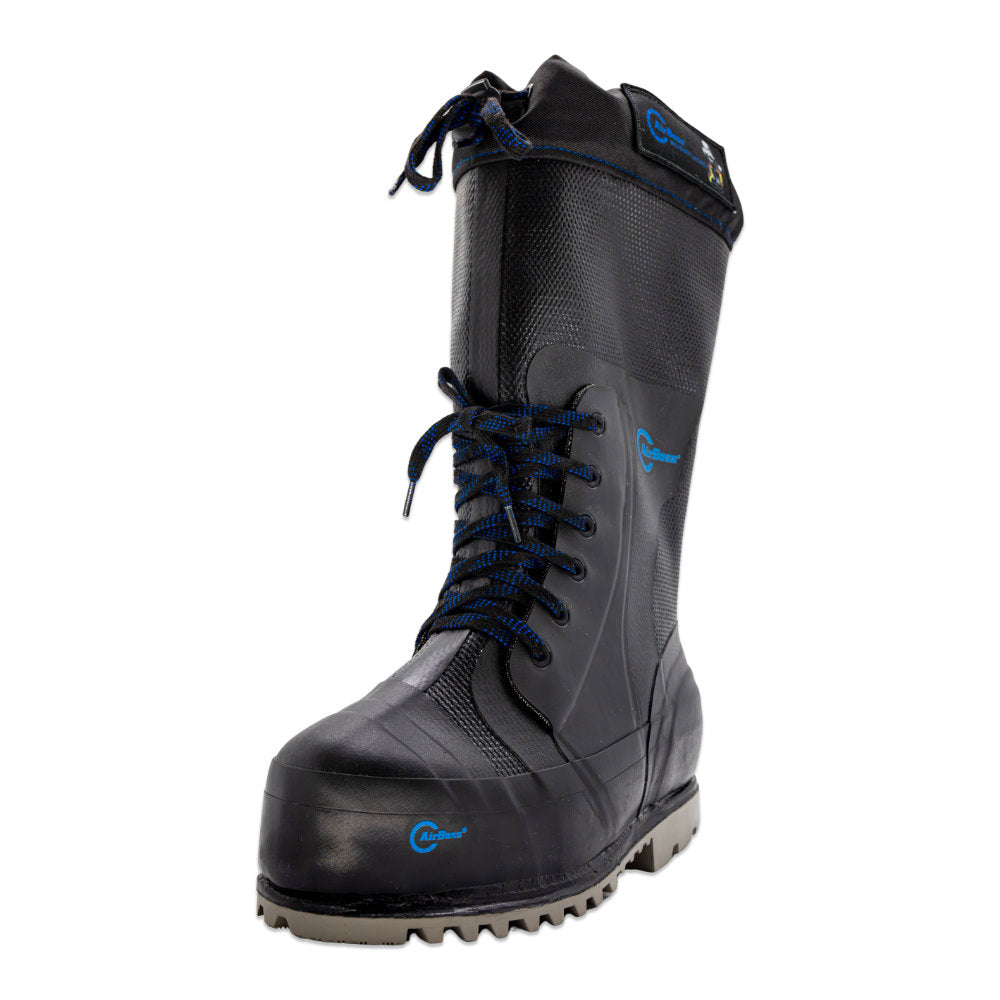 Black cold weather boots with blue laces and branding on a white background