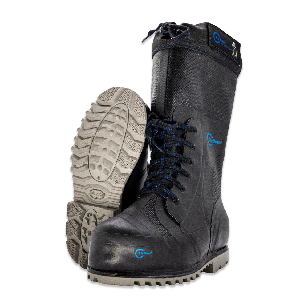 ThermoBoss™ Black cold weather boots sole showing with blue laces and branding on a white background