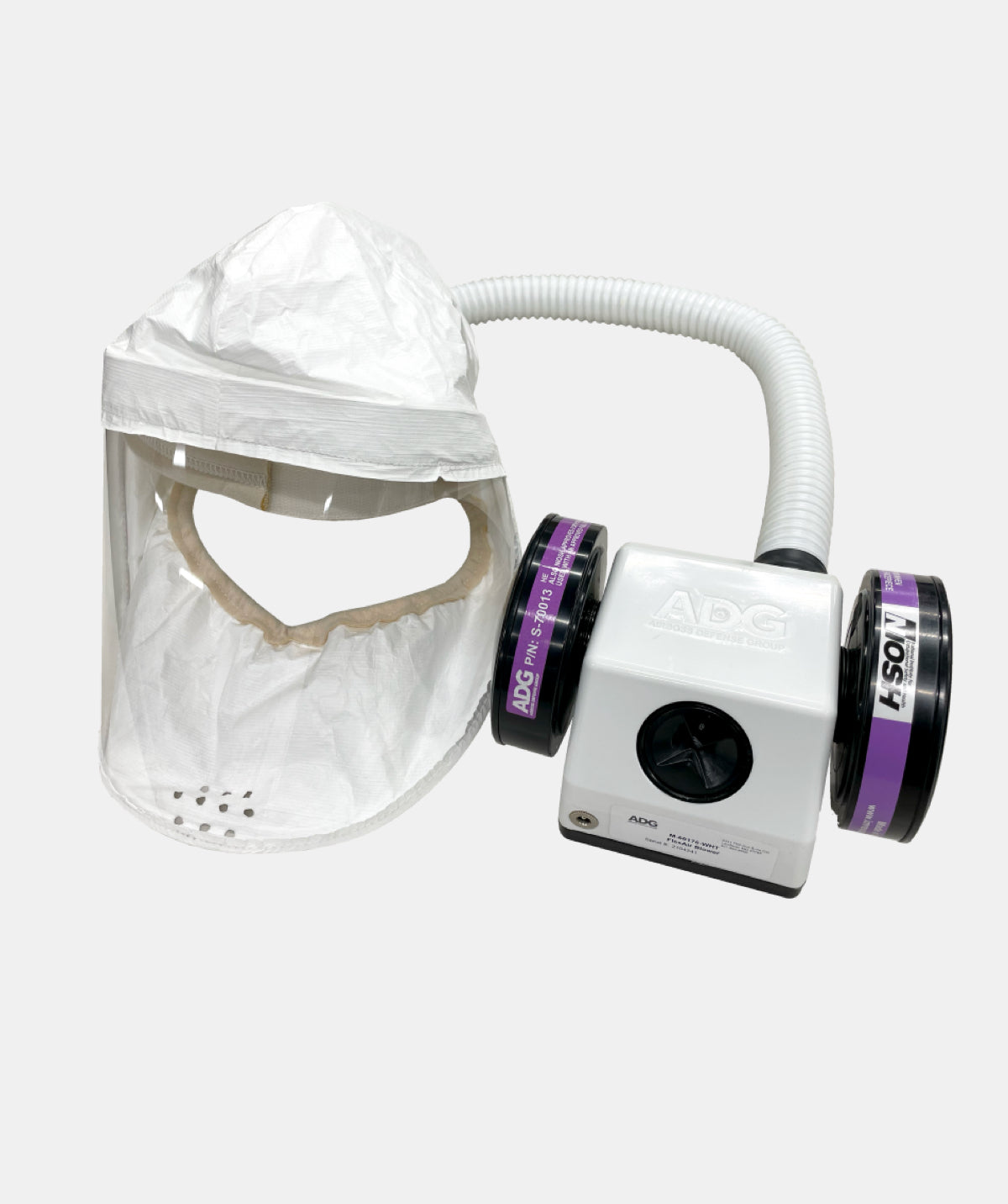 White full-face mask with a white respirator on a white background